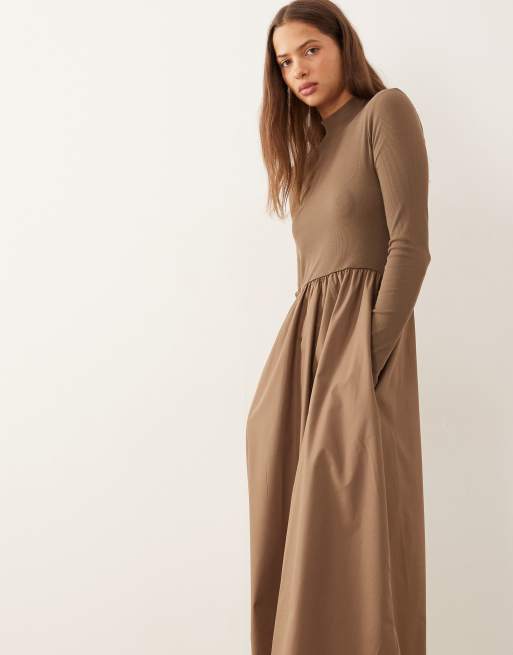 Threadbare - Vestito midi accollato in jersey e popeline color moka, 2 di 4