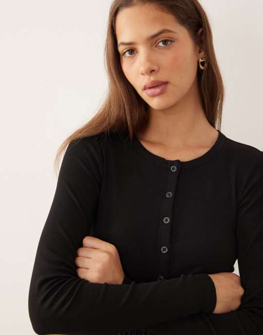 Threadbare - Vestito midi in jersey e popeline nero con bottoni, 4 di 4