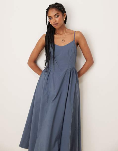 Threadbare - Vestito midi in misto cotone blu con vita scesa - view 1