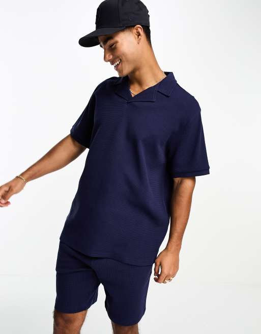 Threadbare waffle camp collar polo in dark navy - part of a set