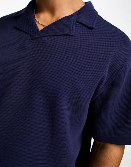 Mens Threadbare Navy Revere Collar Pique Polo Shirt - Navy