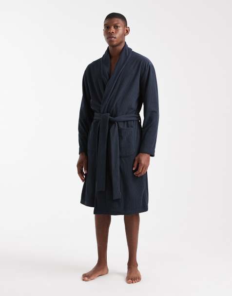 Threadbare waffle fleece dressing gown in navy - view 1