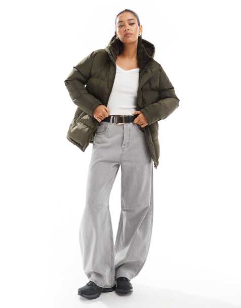 Threadbare waist detail puffer with faux fur collar in green - view 1