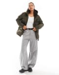 [Threadbare] Threadbare waist detail puffer with faux fur collar in green 6 KHAKI