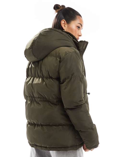 Threadbare waist detail puffer with faux fur collar in green ASOS