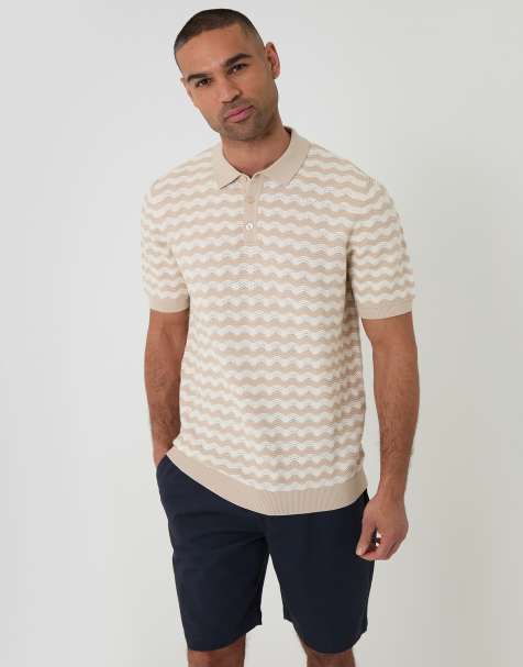 Threadbare Wavy stripe textured knitted polo in stone - view 1