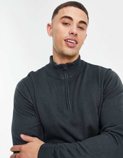 Threadbare – Weicher Pullover in indischem Tintenblau mit kurzem Reißverschluss und Stehkragen
