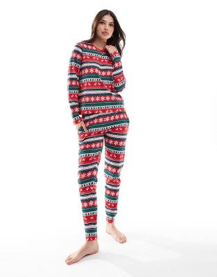 Threadbare - Weihnachten - Langer Pyjama in Rot mit Norwegermuster