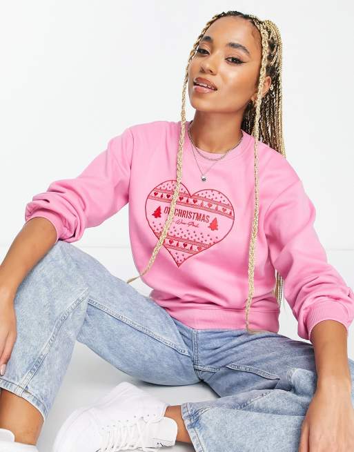 Threadbare – Weihnachts-Sweatshirt in Rosa und Rot mit Stickerei