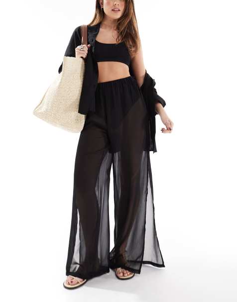 Threadbare – Weit geschnittene, transparente Strandhose in Schwarz mit seitlichem Schlitz - view 1