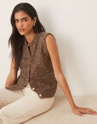 Threadbare - Weste aus Strickstoff in Braun mit goldfarbenen Knöpfen-Brown