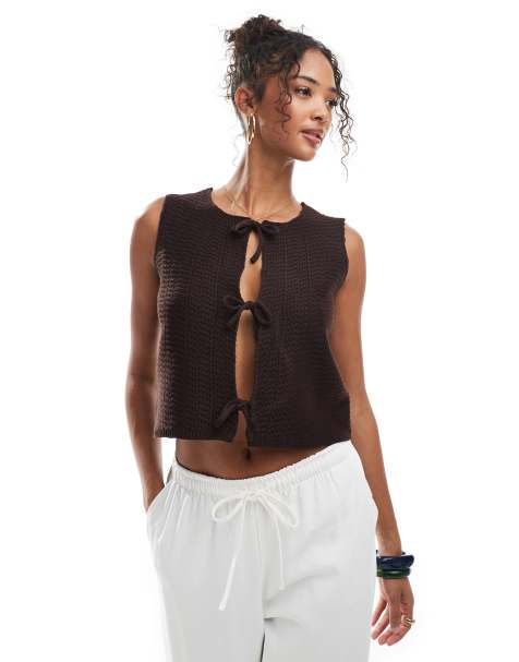 Threadbare knitted tie front waistcoat in chocolate brown