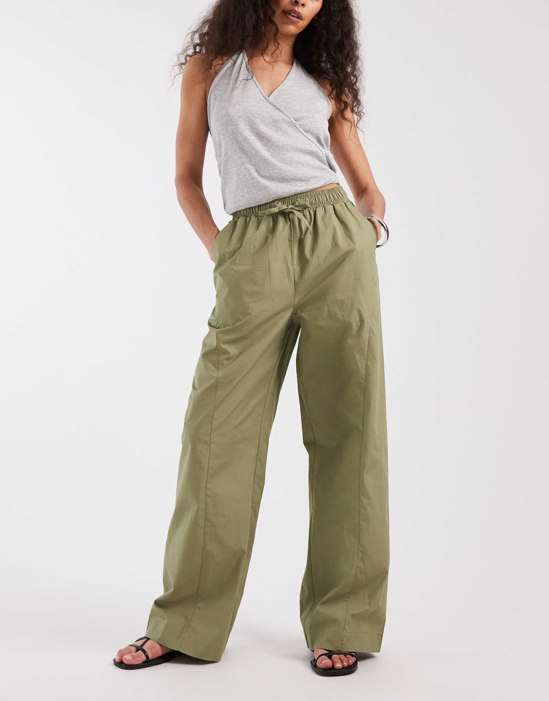 threadbare wide leg poplin pants in khaki green