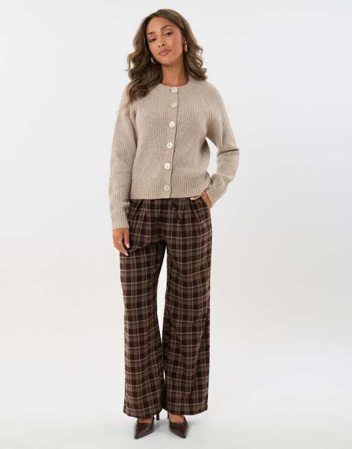 Threadbare Wide leg tie belt trousers in brown check print, 3 of 5