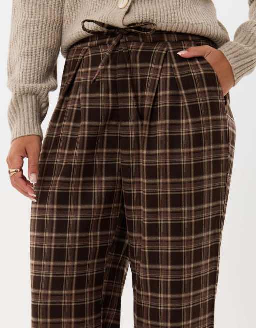 Threadbare Wide leg tie belt trousers in brown check print, 5 of 5