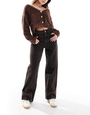 Threadbare Threadbare wide leg turn up jeans in chocolate brown