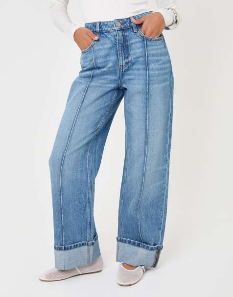 Threadbare Wide leg turn up jeans in mid blue