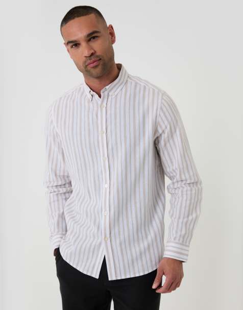 Threadbare Wide stripe linen cotton blend long sleeve shirt in light stone - view 1