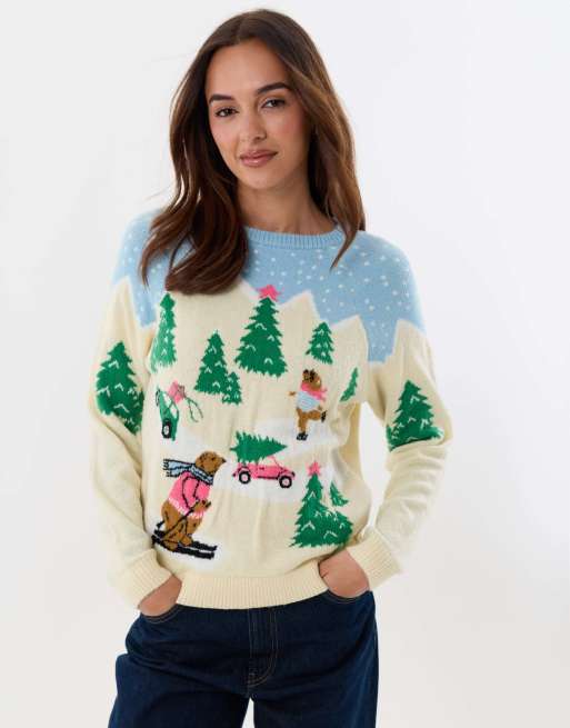Threadbare Winter scene knitted christmas jumper in beige, 3 of 4