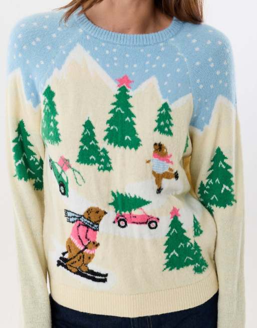 Threadbare Winter scene knitted christmas jumper in beige, 4 of 4