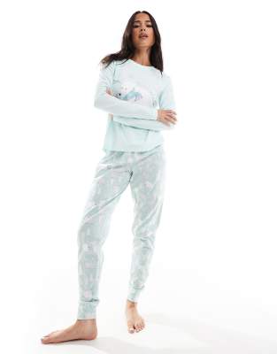 Threadbare - Witzige Geschenke - Langer Pyjama in Hellblau mit Eisbärmotiv