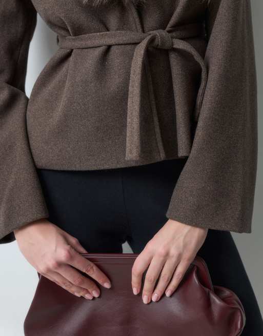 Threadbare wollook jack met ceintuur en faux-fur kraag in donkerbruin, 4 van 5