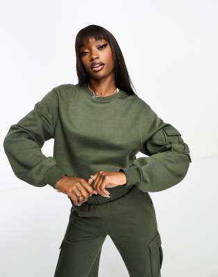 Threadbare Woody cropped cargo sweatshirt co-ord in khaki - ASOS Price Checker