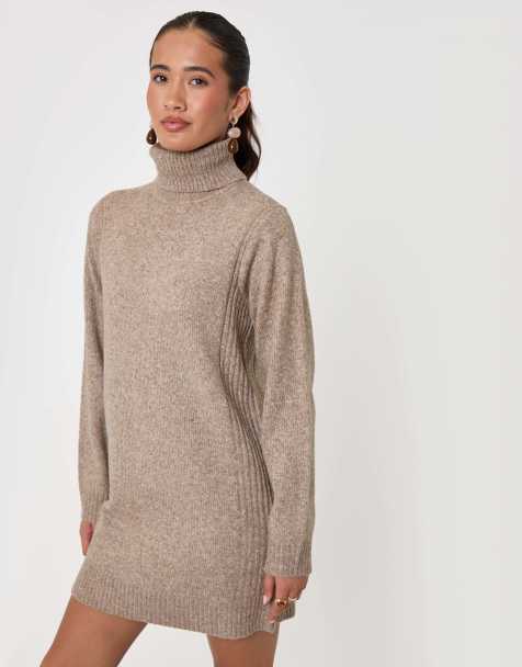 Threadbare Wool blend roll neck mini dress in beige - view 1
