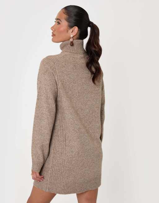 Threadbare Wool blend roll neck mini dress in beige, 2 of 5