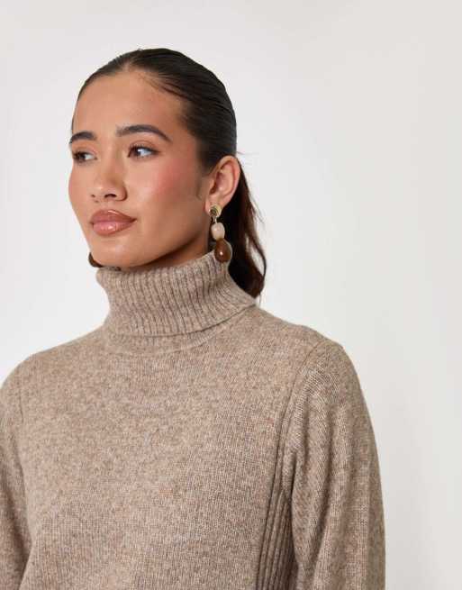 Threadbare Wool blend roll neck mini dress in beige, 3 of 5