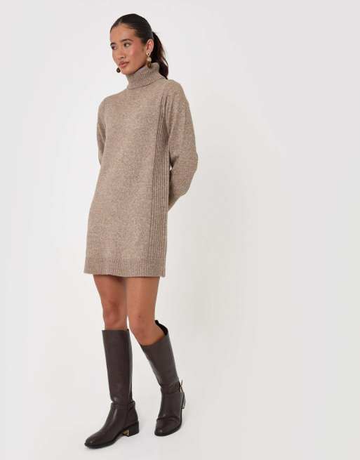 Threadbare Wool blend roll neck mini dress in beige, 4 of 5