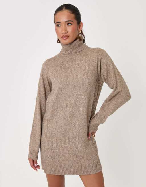 Threadbare Wool blend roll neck mini dress in beige, 5 of 5