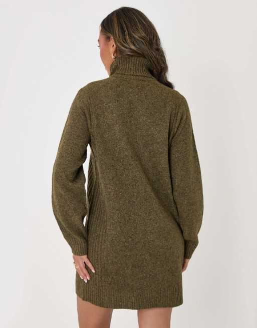 Threadbare Wool blend roll neck mini dress in olive green, 2 of 5