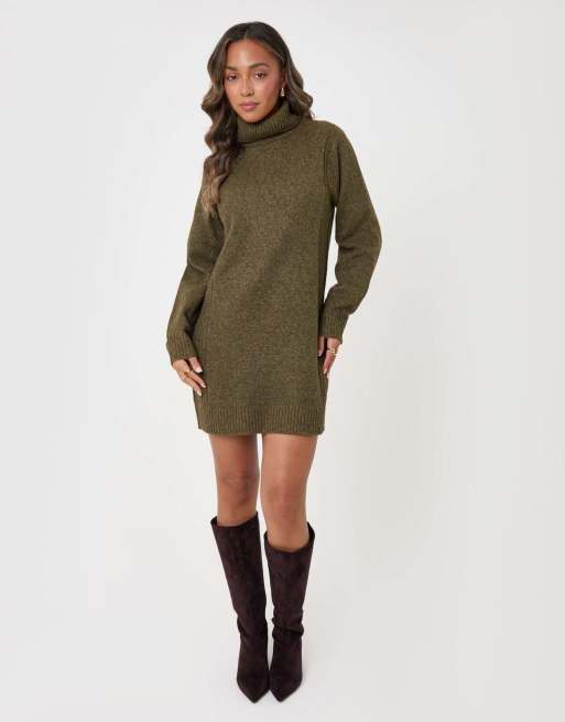 Threadbare Wool blend roll neck mini dress in olive green, 4 of 5