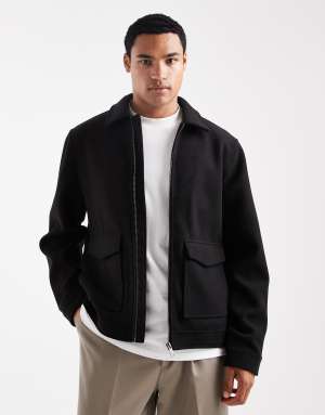 Threadbare wool look jacket with collar and zip front in black