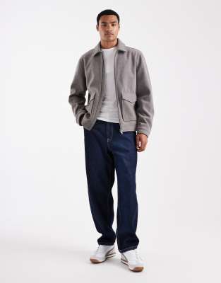 Threadbare Wool Look Jacket With Collar And Zip Front In Neutral