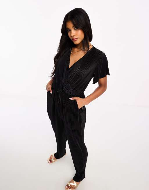Threadbare wrap front plisse romper in black 