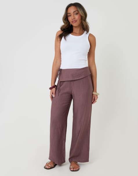 Threadbare Wrap front wide leg textured trousers in brown