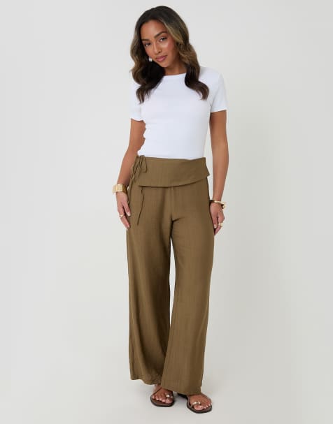 Threadbare Wrap front wide leg textured trousers in khaki - view 1