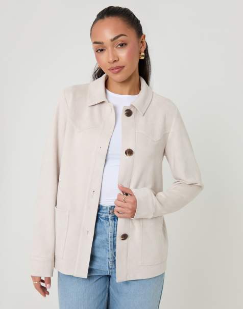 Threadbare Yoke detail suedette shacket in ecru - view 1