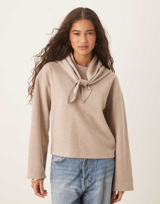 Threadbare - Zachte trui met sjaaldetail in lichtbeige, 4 van 4