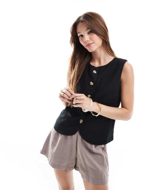 Threadbare linen blend high neck button down waistcoat in black