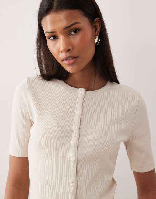 Threadbare – Zapinany na guziki top w kolorze ecru z krótkimi rękawami, 3 z 4