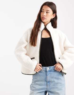 Threadbare Threadbare zip front borg fleece with back panel in ecru and khaki-White