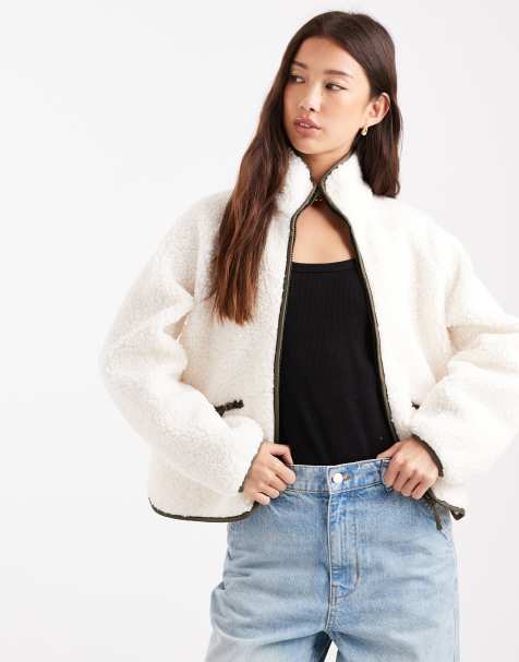 Threadbare zip front borg fleece with back panel in ecru and khaki