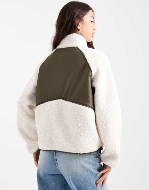 Threadbare zip front borg fleece with back panel in ecru and khaki, 4 of 4