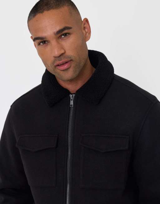 Threadbare Zip jacket with sherpa collar & lining in black, 2 of 4