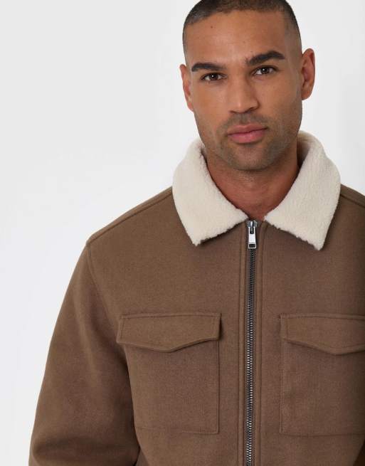 Threadbare Zip jacket with sherpa collar & lining in taupe, 2 of 4