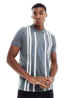 Threadbare Zip Neck Stripe Jersey Polo In Gray