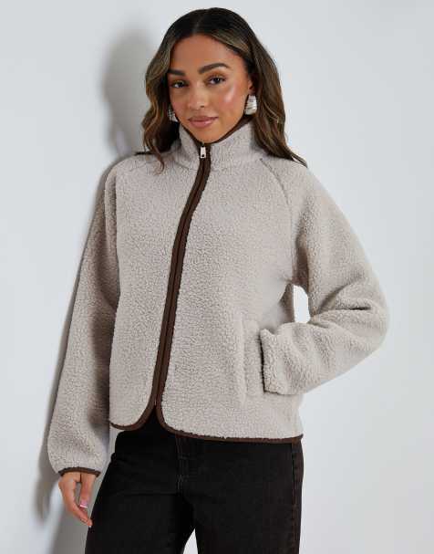Threadbare Zip through collared borg fleece in taupe - view 1